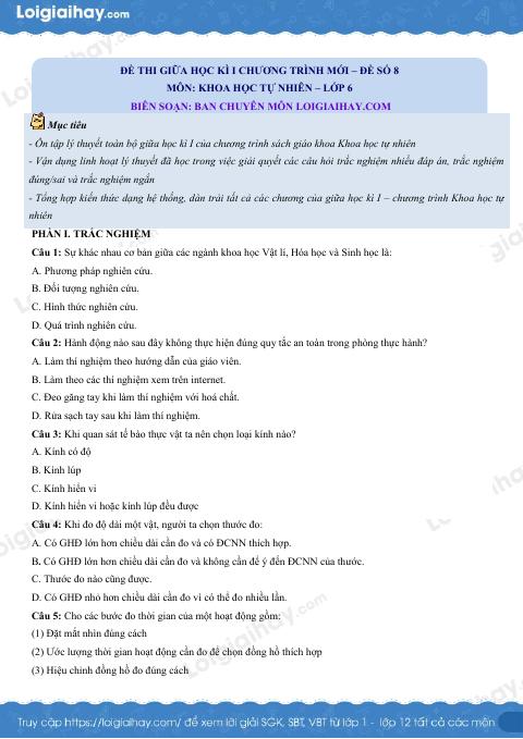 Đề thi giữa kì 1 KHTN 6 Cánh diều - Đề số 8